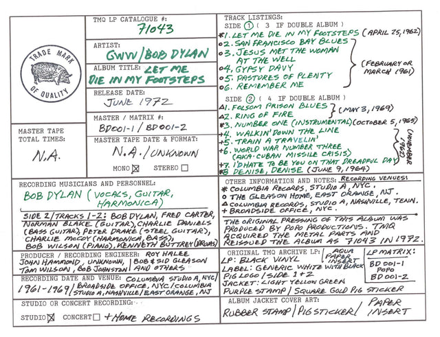 Bob Dylan Great White Wonder Discography Grids