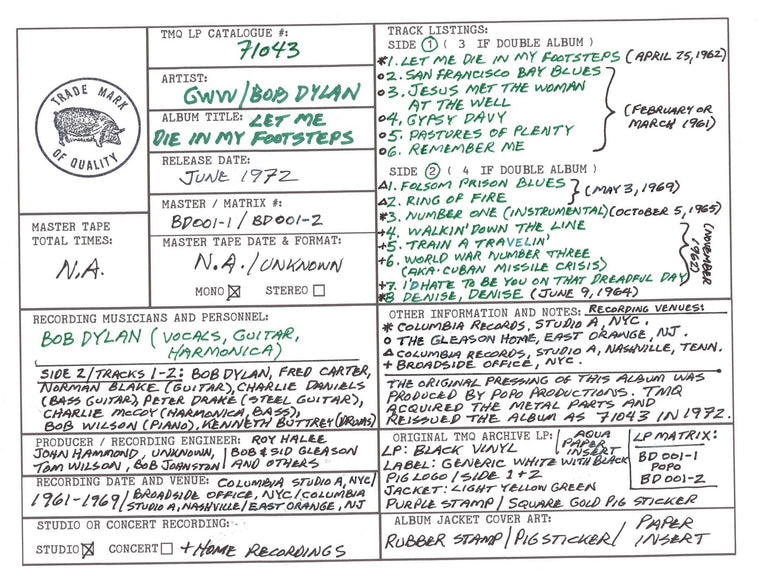 Bob Dylan Great White Wonder Discography Grids