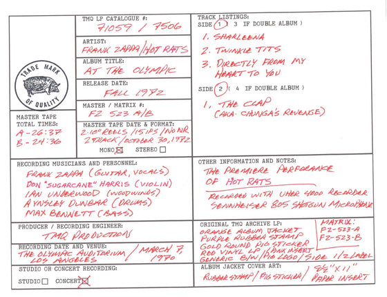 Frank Zappa Discography Grids
