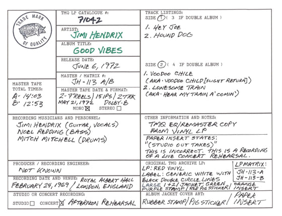 Jimi Hendrix Discography Grids