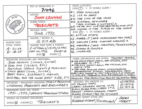 John Lennon Discography Grid