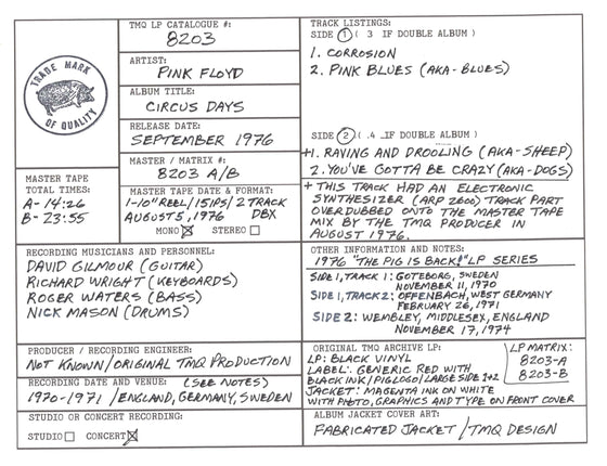 Pink Floyd Discography Grids