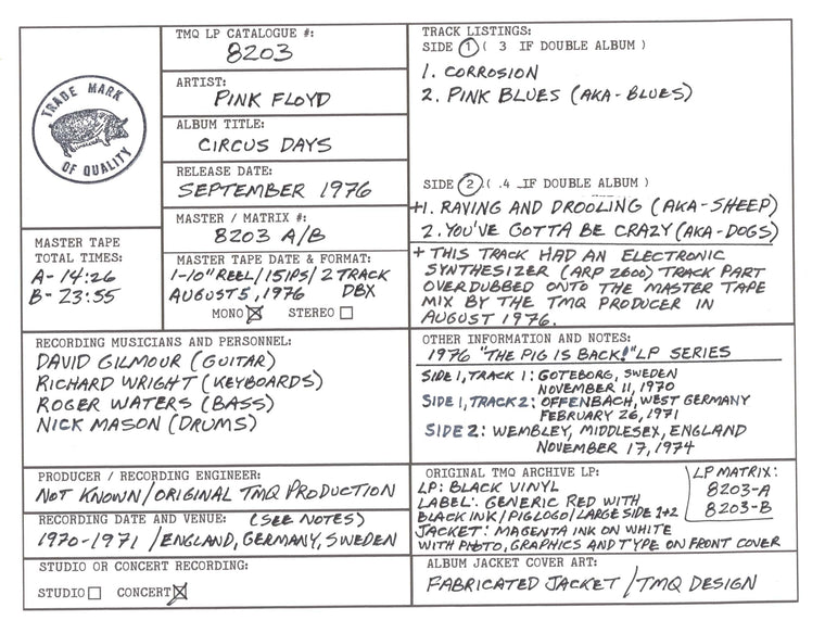 Pink Floyd Discography Grids