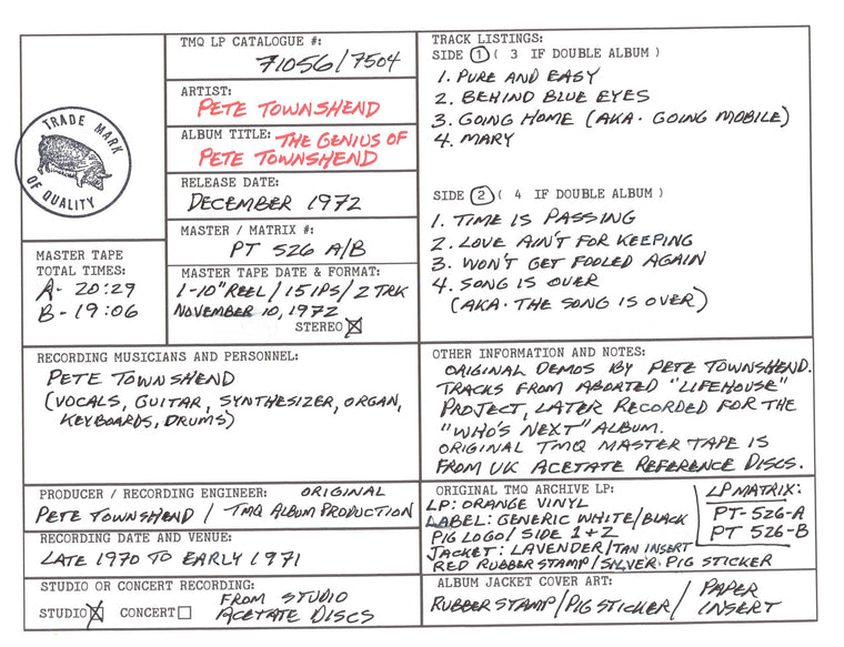 Pete Townshend Discography Grid